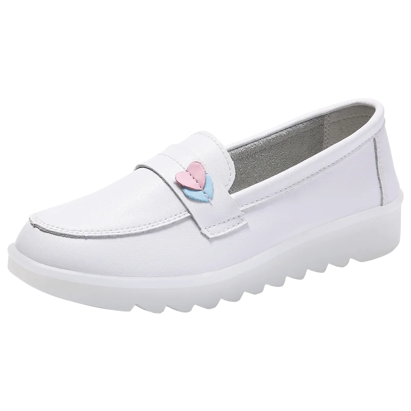 

2021 Wholesale high quality non slip breathable hospital nurse shoe genuine leather women flat, White