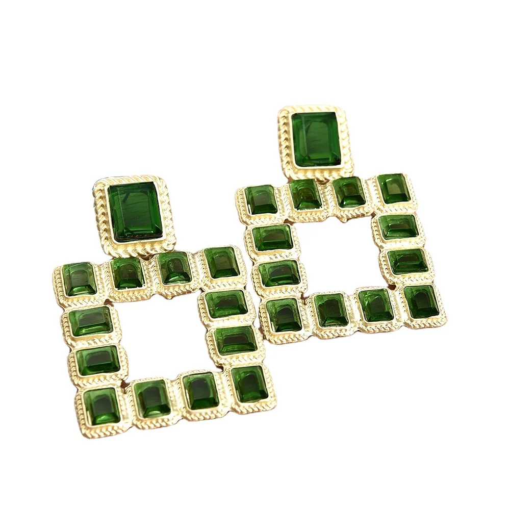 

Fashion Retro Green Crystal Rhinestone Zircon Iced Out Square Pendant Earring Double Square Crystal Stud Earring