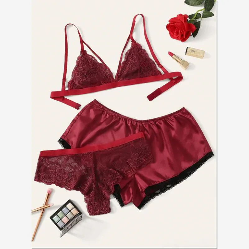 

Hot bikini sexy underwear lace sleepwear silk night 3 pc lingerie set