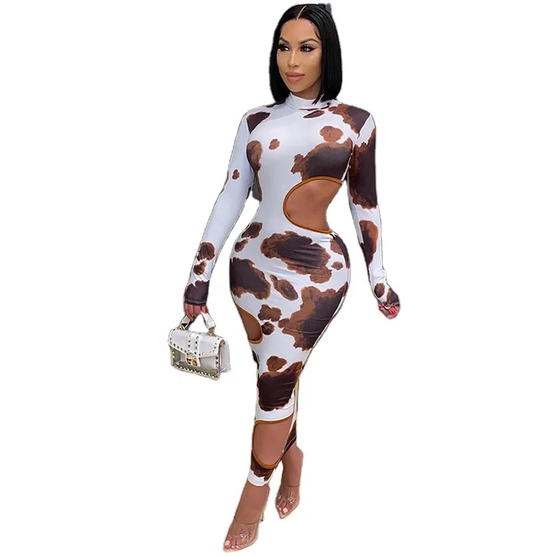 

Wholesale Graffiti Print Hollow Out Sexy Irregular Dresses Long Sleeves One Piece Dress For Women