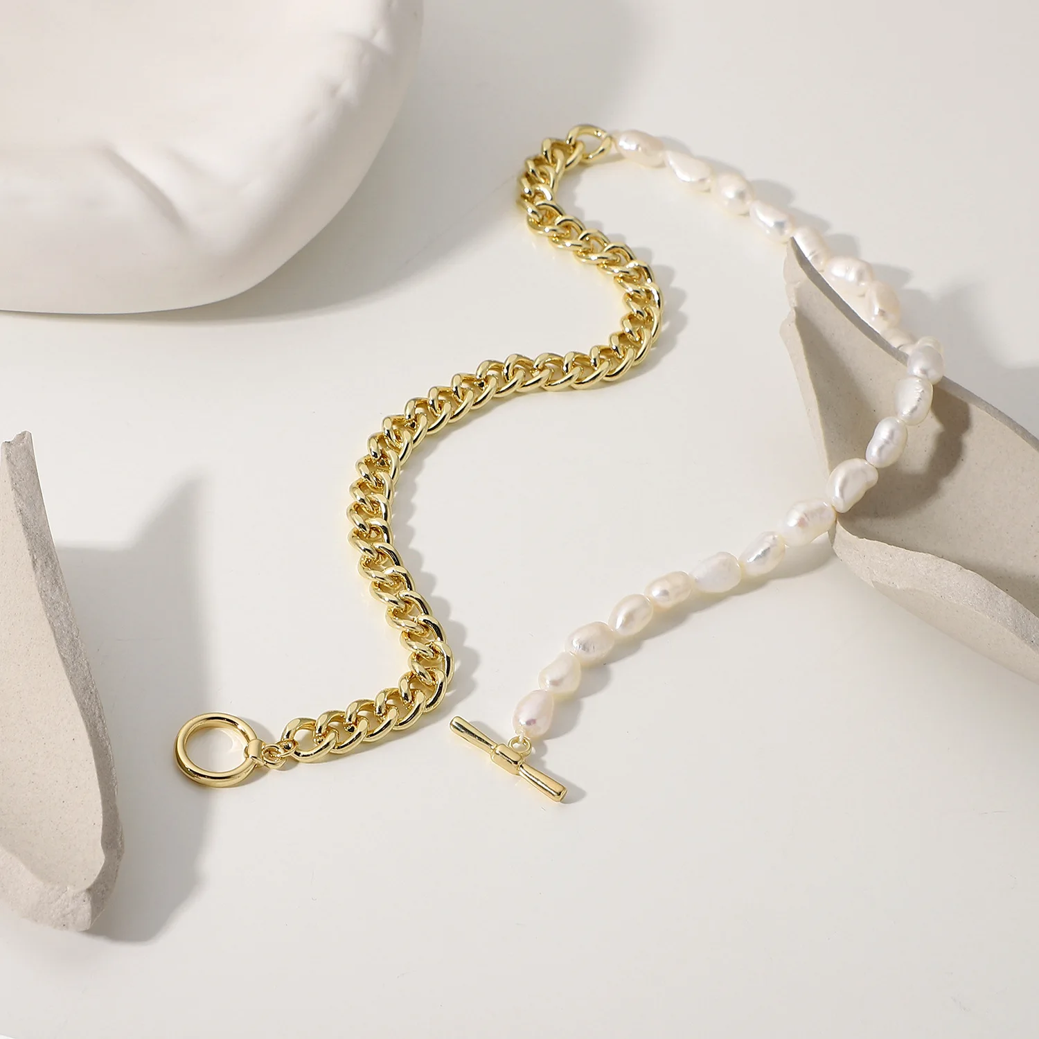 

cuban chain necklace half cuban half freshwater pearl necklace 14K gold plated necklaces jewelry