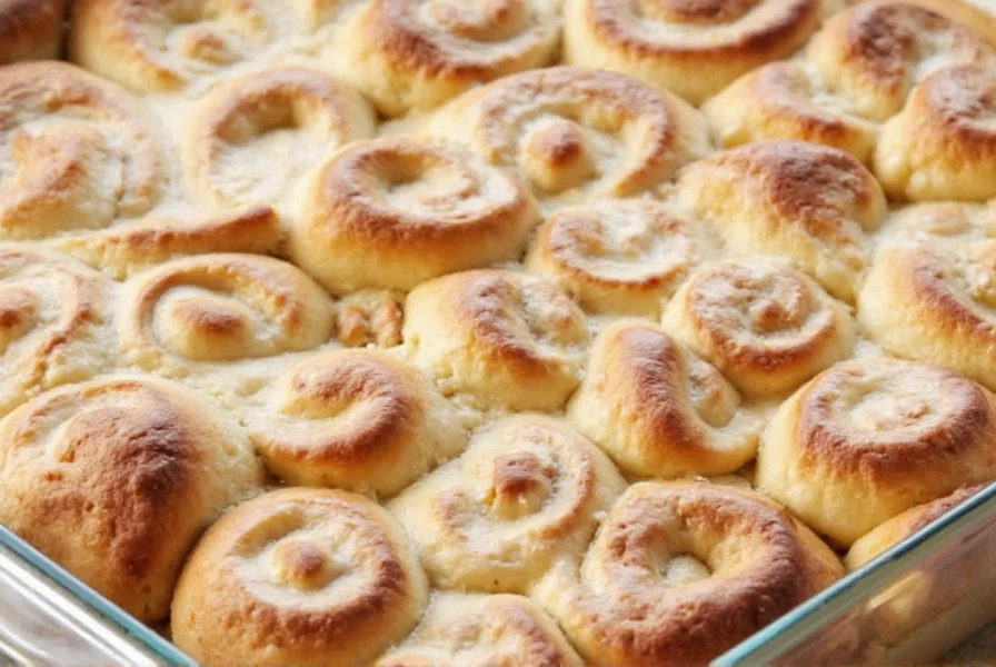 Overhead photo of golden brown cinnamon roll casserole with cream cheese drizzle in a 9x13 baking dish