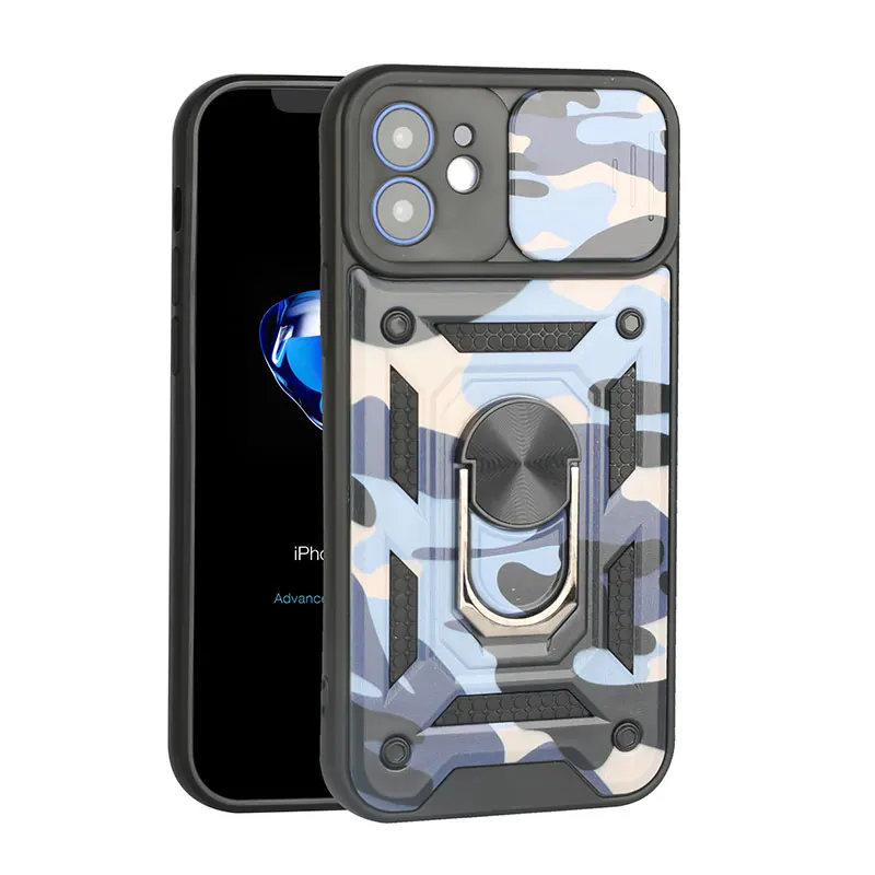 

For iPhone 12 Pro Max Phone Case Back Cover Slide Camera Lens Protector Shockproof Ring Holder Camouflage Phone Case, As picture show