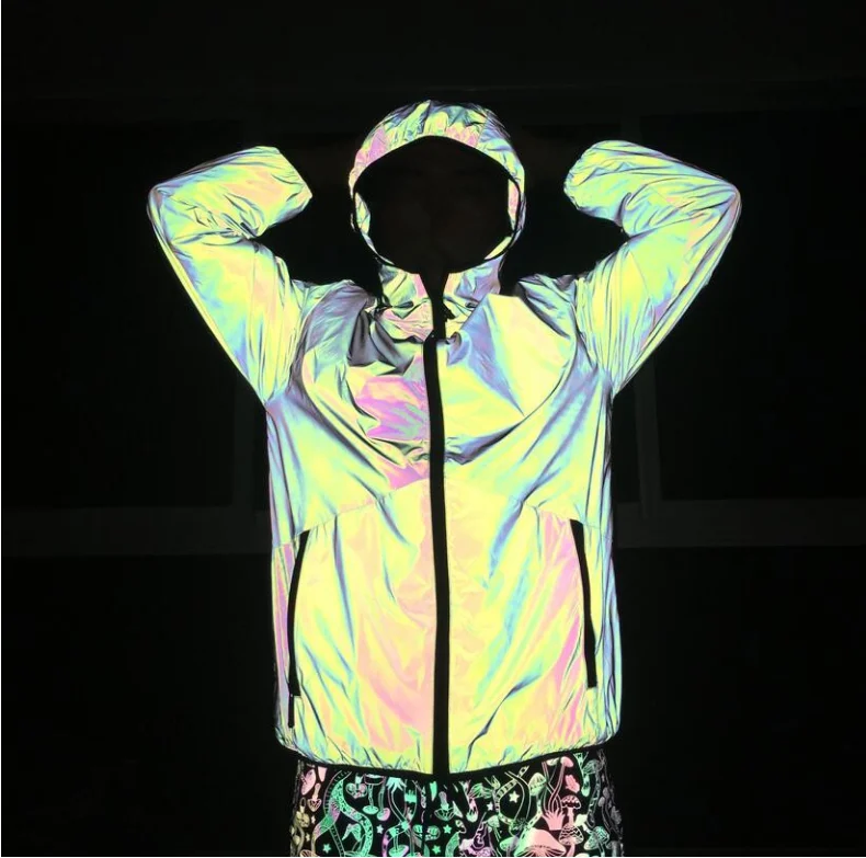 

custom new unisex holographic high visibility waterproof blank street wear windbreaker rainbow reflective hood jacket