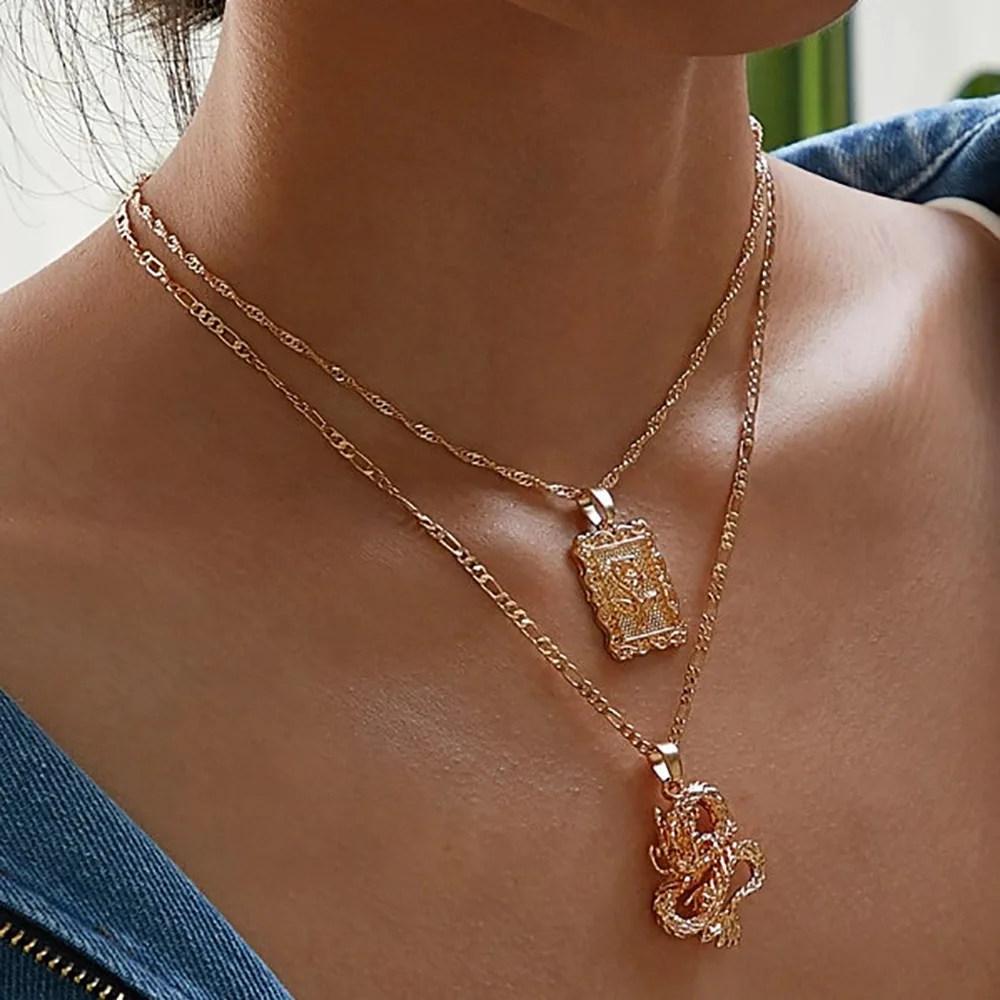 

Punk Fashion Vintage Gifts Gold Long Chain Rose Coin Dragon Women Pendant Necklace