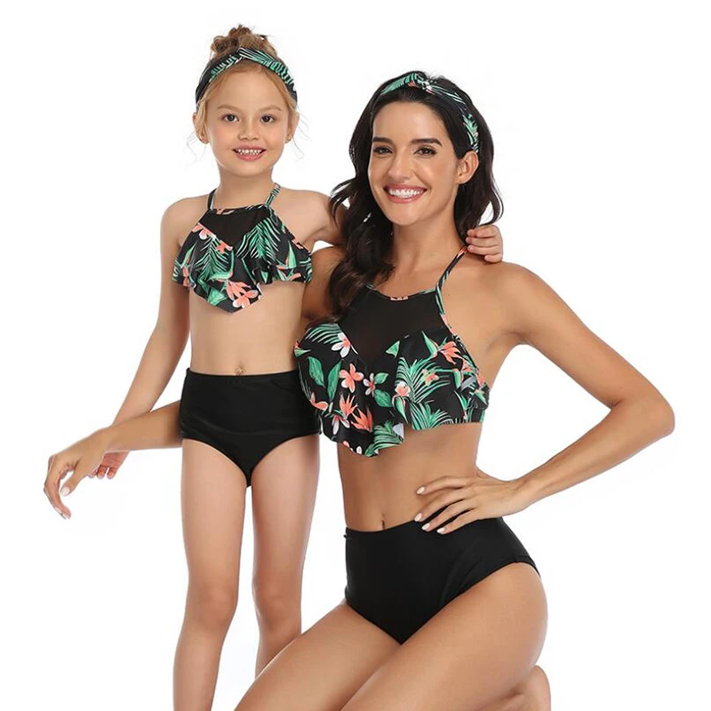 

New Arrival Designer Parent-Child Tropical Print Swim Women Kids Swimwear, Picture