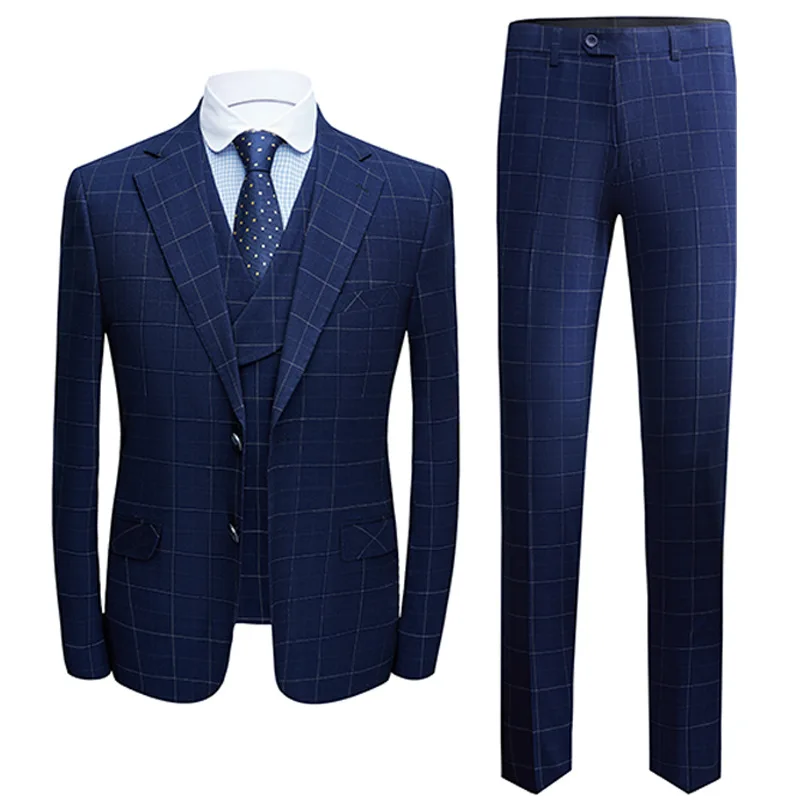 

2020 Custom 3 Pieces Business Formal Plaid Blue Single Breasted Man Suit