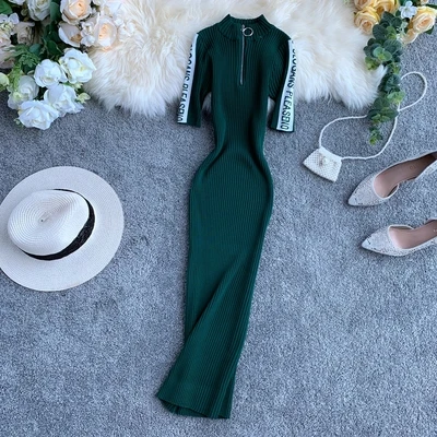 

High quality Popular Women Letters Embroidered Long Slim Knitted Dress