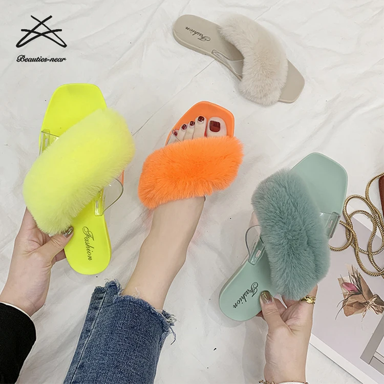 

Candy color bright women fur plush plush transparent luxury indoor outdoor summer soft flat slipper lady slide sandal shoes, Yellow, orange, green,khaki