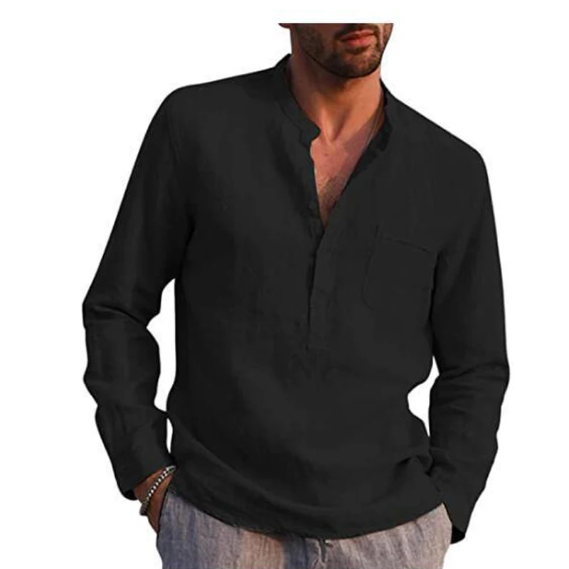 

Long Sleeve T Shirt Best Selling Pure Colors Cheap OEM Linen / Cotton Stand Causal Men Long Sleeve Plus Size T-shirts Wholesale