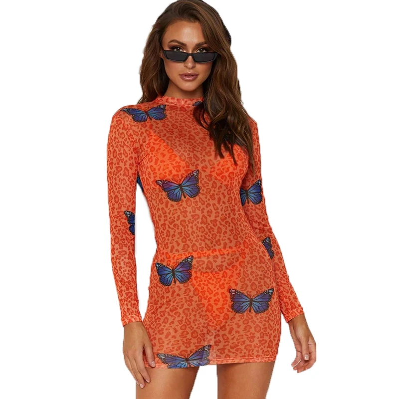 

Women Long Sleeve Sexy Slim Bodycon Leopard Mesh Printed Summer Dresses
