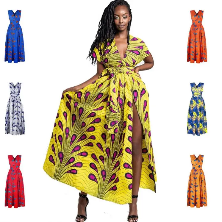 

Summer 2021 Sexy Fashion Leisure Mosaic Print Bifurcation Casual Women Clothing Africa Dresses