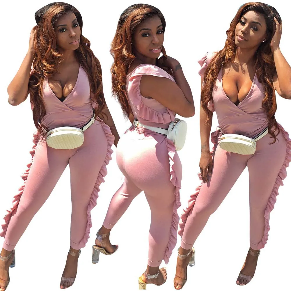 

2021 summer ladies sexy tight-fitting wooden ear jumpsuit ladies casual jumpsuit suit