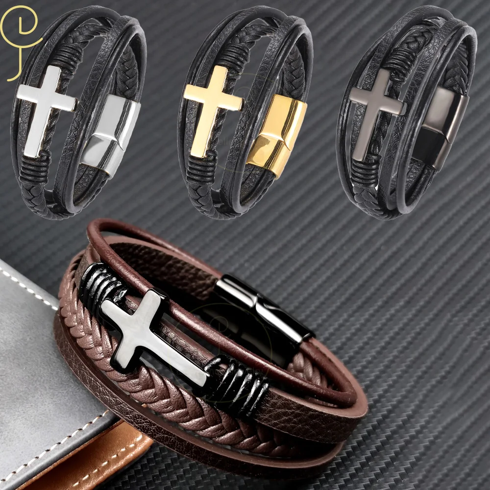 2023 Fashion Gifts Braided Design Classic Stainless Steel Buckle Christian Cross Black Men's Leather Bracelet For 19 21 23 cm