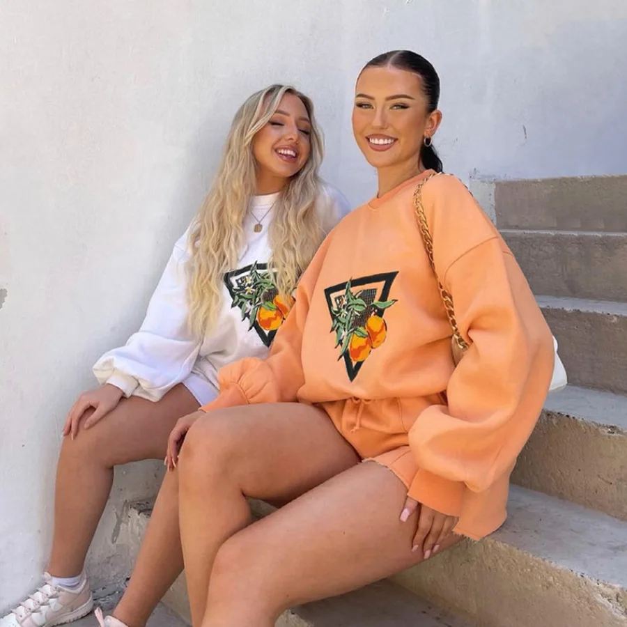 

M&F Women Fall Clothes Lantern Sleeve Pullovers Sweatshirt Women Short Pants 2 Piece Jogger Set Sportswear Sweatsuit Set