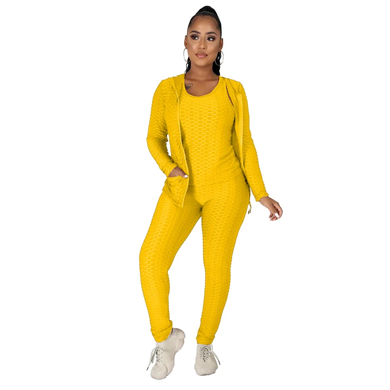 

New design Spice three Piece hoddies with vest and Butt Lifter Yoga Pants yellow sweatsuit sportswear