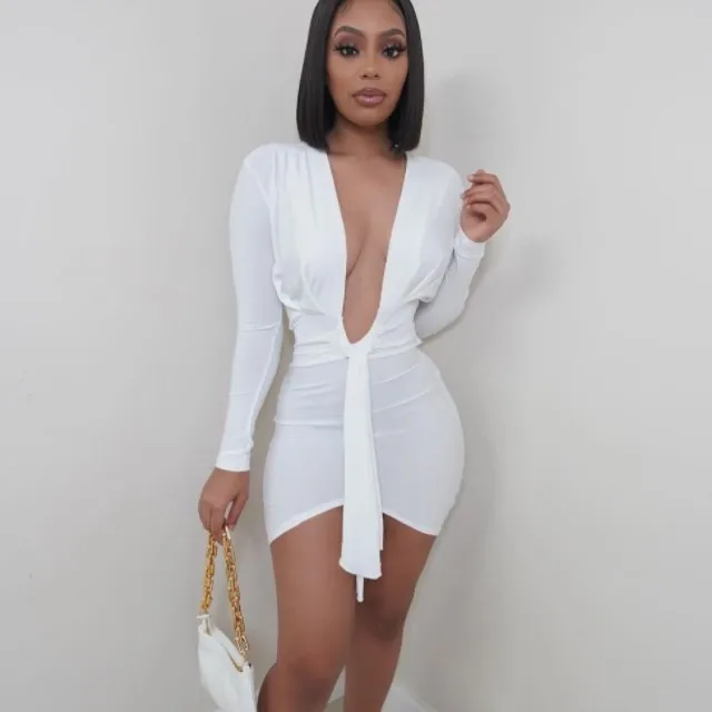 

X01173L 2021 Pure color temperament tight milk silk dress Deep V irregular sexy dress Clubstyle waist belt women short dress, 2 colors