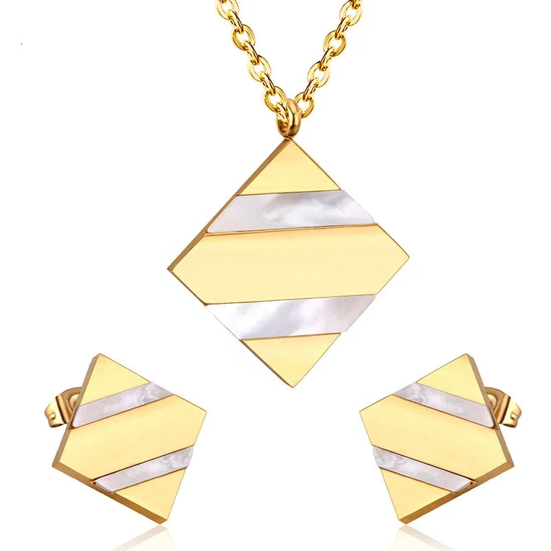 

Hot Selling High Quality Fashion Simple 316L Stainless Steel Rhombus Double Horizontal Shell Necklaces And Earrings Jewelry Sets, Gold,silver