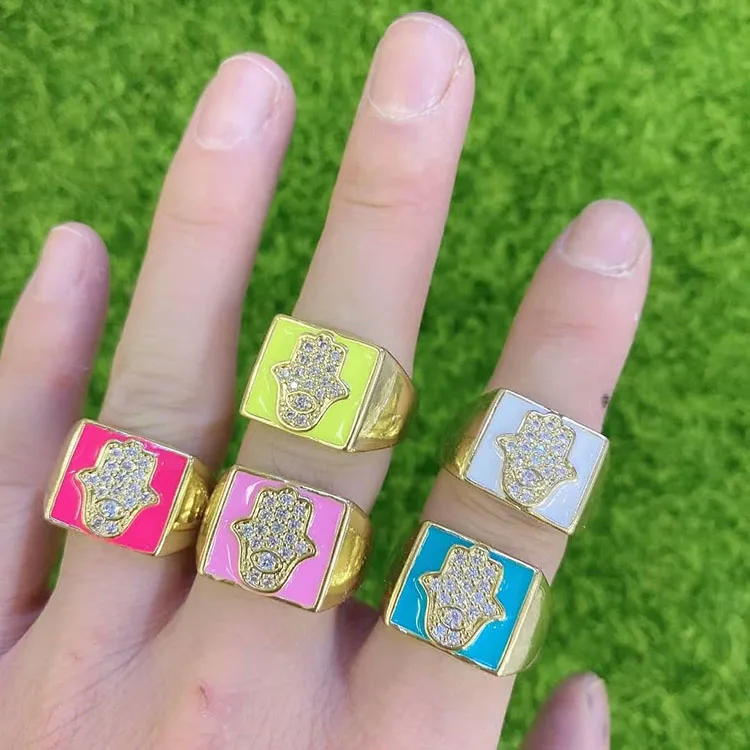 

RM1207 Hot Selling Enamel 18k Gold Plated Hamsa Hand Square Adjustable Rings for Ladies