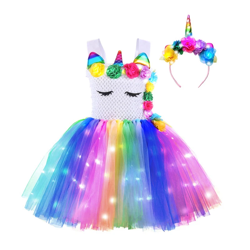 

OEM Girls Cake Design Party Gown Kids Rainbow Princess Fancy Dress Children Baby Girl Flower Applique LED tutu dress, Picture shows