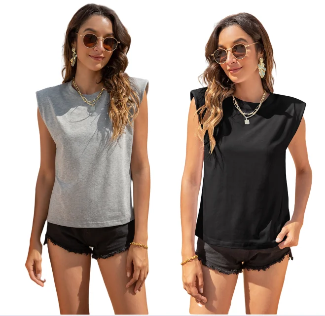

Woman Solid Color Sleeveless Shirt Women's Cotton Crew Neck T-Shirts Casual Women Vest Top With Shoulder Pad