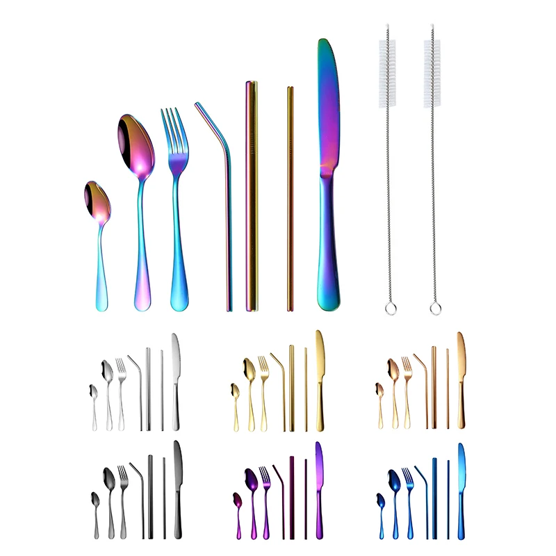 

Wholesale 9 Pcs Reusable Geschirr 410 Stainless Steel Knife Spoon Fork Travel Metal Drinking Straws Cutlery Set