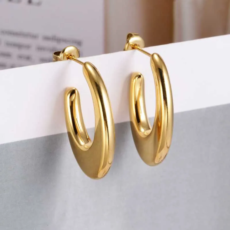 

Fashion High Polished 18K Gold Plated Clip Drop Earrings Geometric Oval Stainless Steel Hoop Earrings