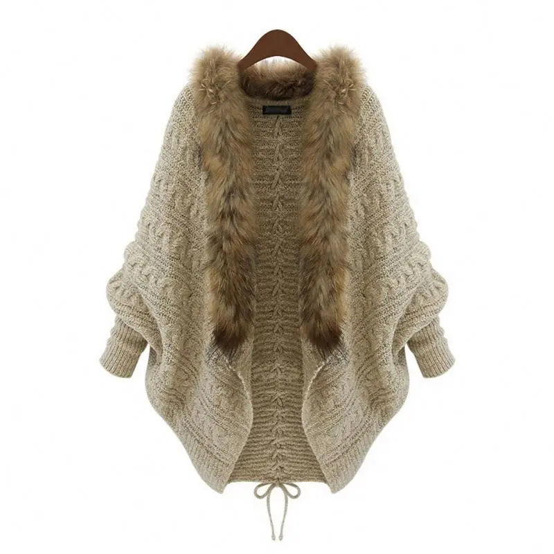 

Fur Collar Bat Sleeve Knitted Cardigan Shawl Coat Winter Sweater, Khaki, black