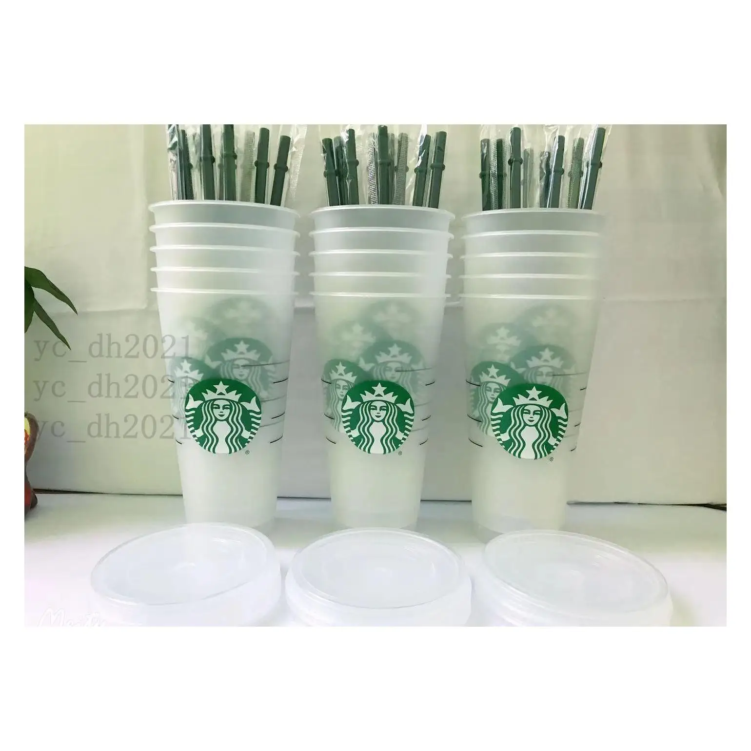 

Starbucks 24Oz710Ml Plastic Tumbler Reusable Clear Drinking Flat Bottom Cup Pillar Shape Lid Straw Mug Bardian