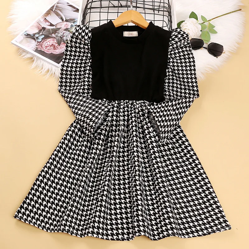 

2022 New High Quality Houndstooth 5-12 Long Sleeve Casual Teens Young Girls Kids Dress Winter Clothes Children Girls Dresses