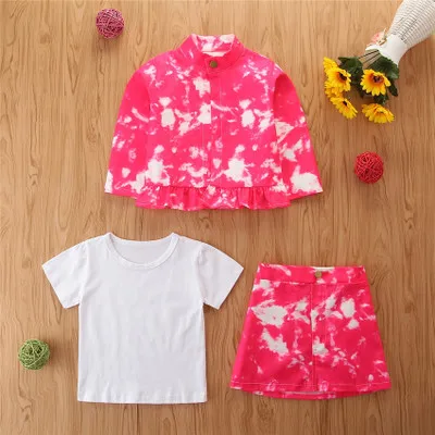 

2020 New European and American children's wear fashion tie dyed color coat + white shirt + a-line skirt three-piece set