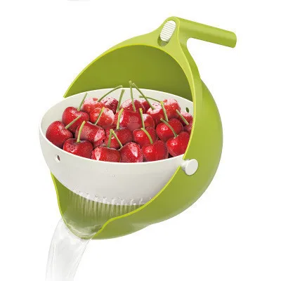 

High Quality Plastic Rotating Drain Basket Kitchen Double-layer Vegetable Sink with Handle For Washing Fruit and Vegetable, Red green