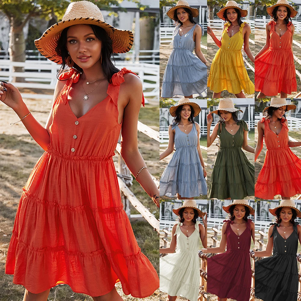 

Fashion Woman Casual Dress Girl Sexy Skirt Cotton linen ruffled chest wrap mini Dress Summer 2021, Picture color