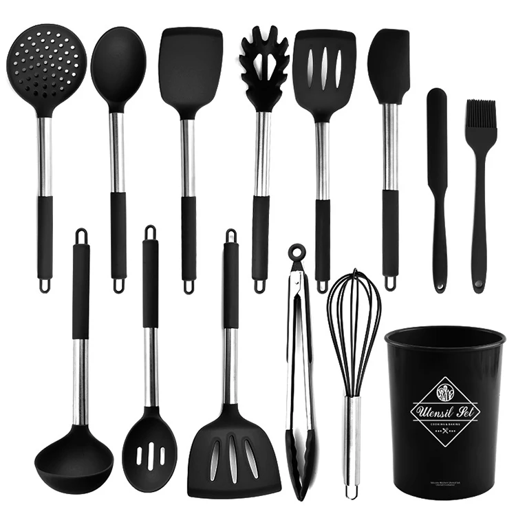 

Online Kitchen Accessories Baking Equipment Kitchen Utensils Stainless Steel Silicone Cooking Kitchenware 12 Pcs Set, Black red