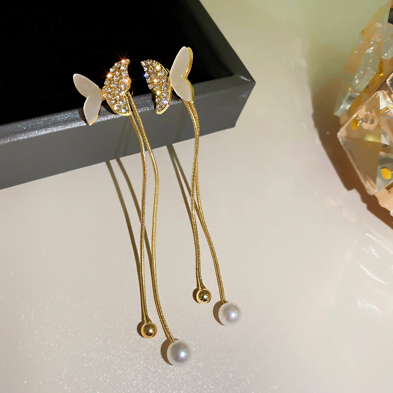 

fashion half crystal pearl long hanging butterfly earrings