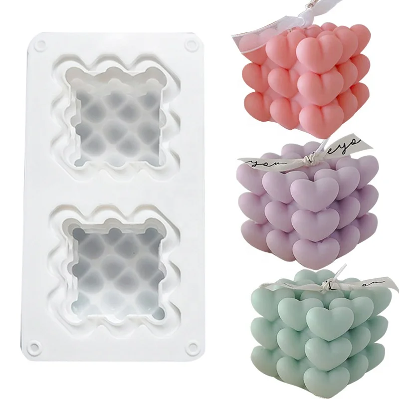 

3D Heart Bubble Cube Candle Silicone Mold DIY Stacked Hearts Handmade Soap Resin Plaster Craft Candles Mould for Valentine day