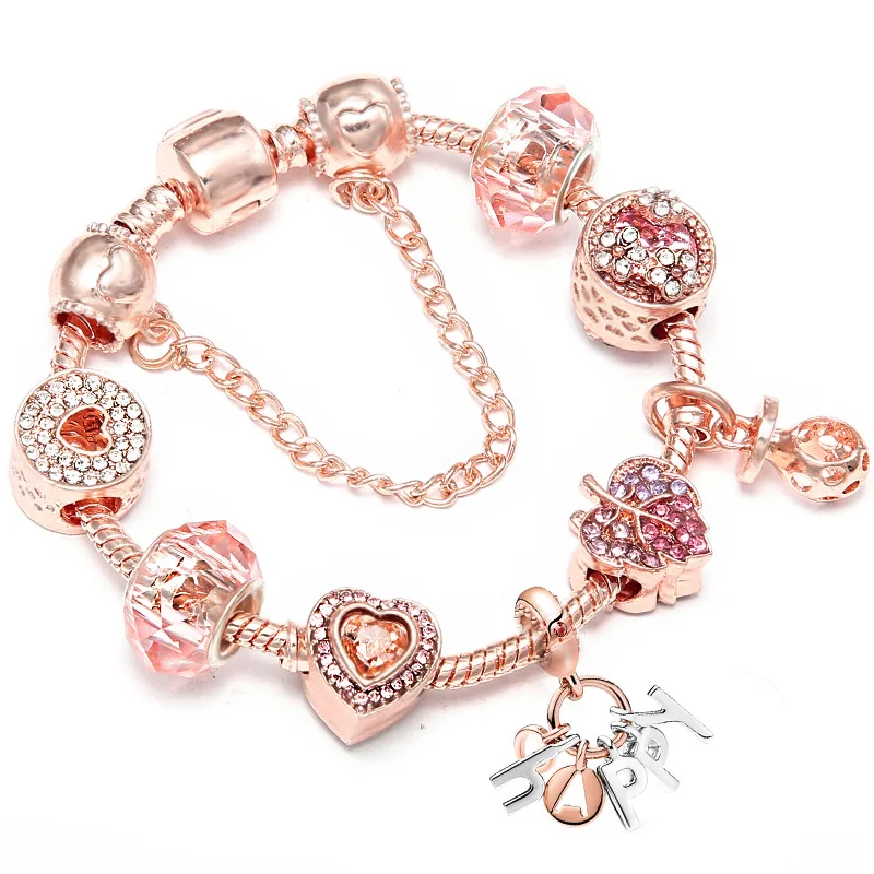 

European Fashion Cubic Zirconia Leaf Flower Beaded Bracelet Rose Gold Plated Letter Happy Charms Bracelet For Girlfriend, Rose gold color
