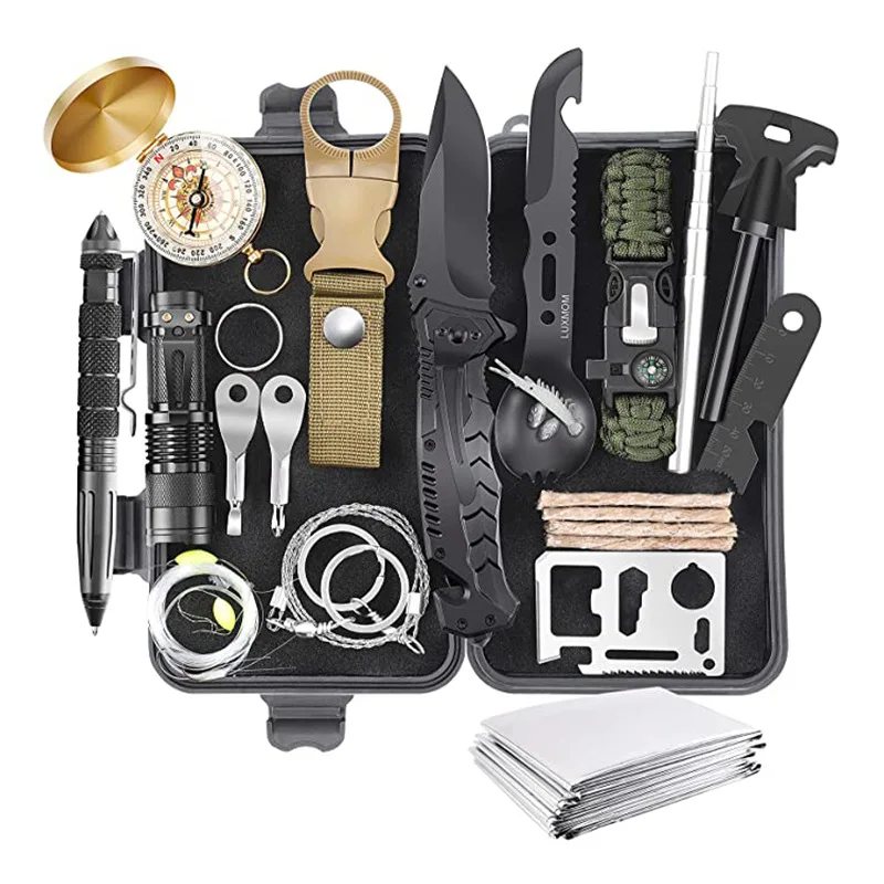 

Hot Sales Professional Outdoor Survival Gear Emergency Camping SOS Tool Set Kit With Fire Starter,Compass And Survival Key, Black