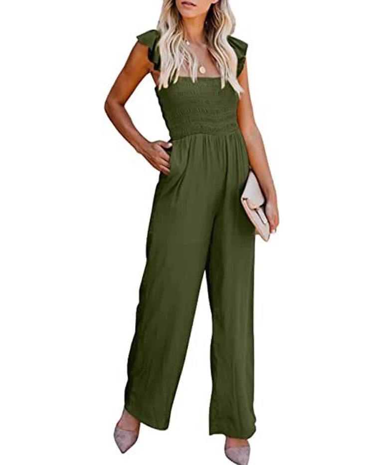 

Free Shipping Women Solid Color Ruffle Spaghetti Strap Wide Leg Pants Rompers Sleeveless Tank Jumpsuit
