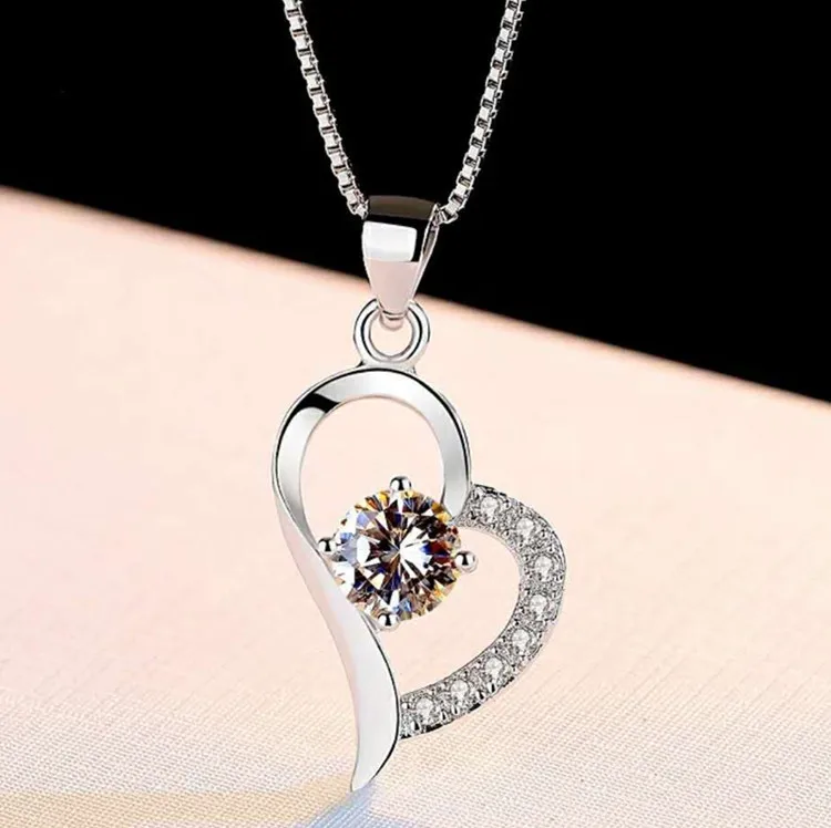 

925 Silver color Sterling Natural Diamond Pendant Neckalce Amethyst Heart-shaped Pendant Bijoux Femme Collares Mujer Necklace