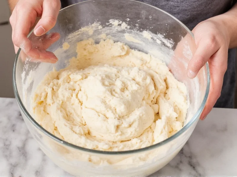 Mixing bread dough in a bowl with simple ingredients