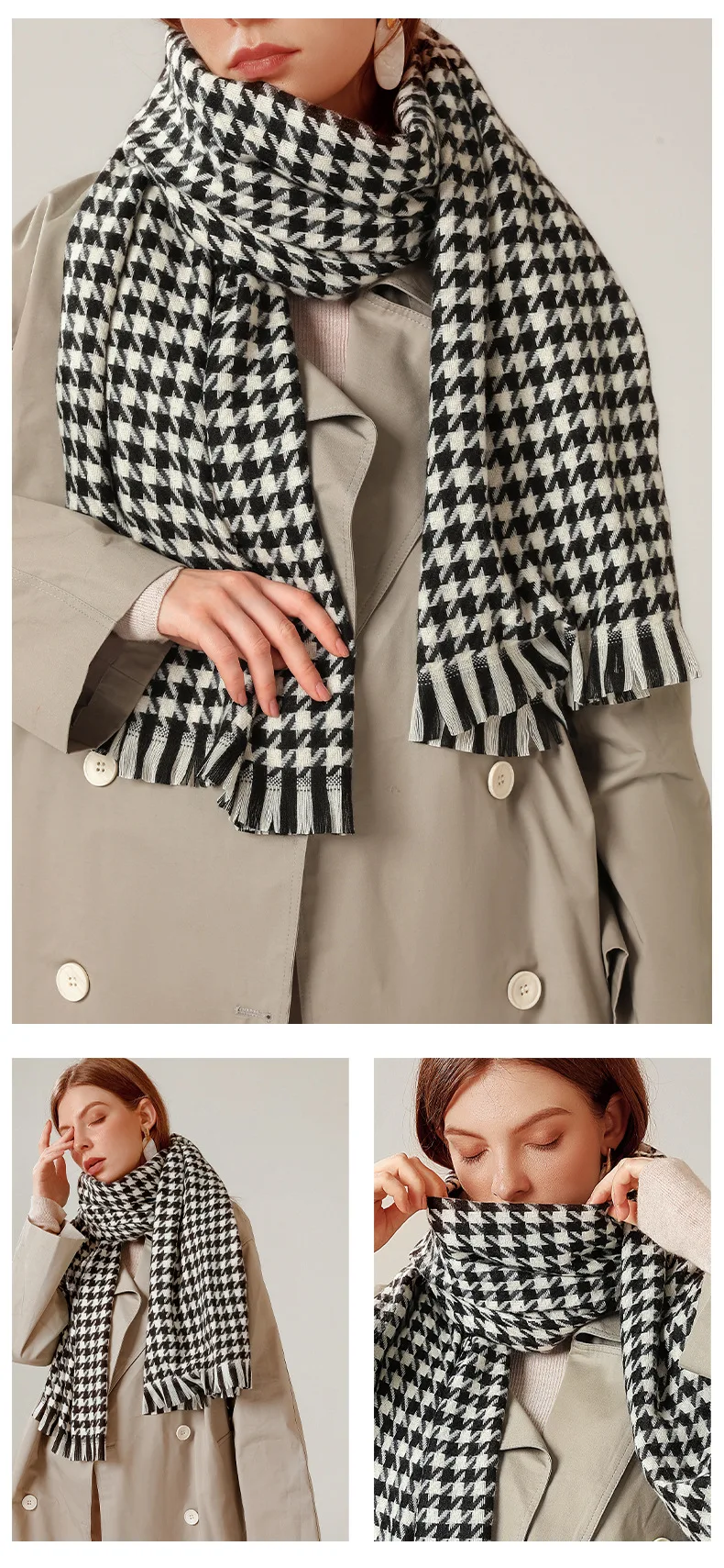 custom fashion winter warm tassel houndstooth shawl knit scarf