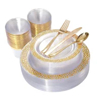

150Pieces Clear Gold Rim W edding Disposable Plastic Dinner Sets