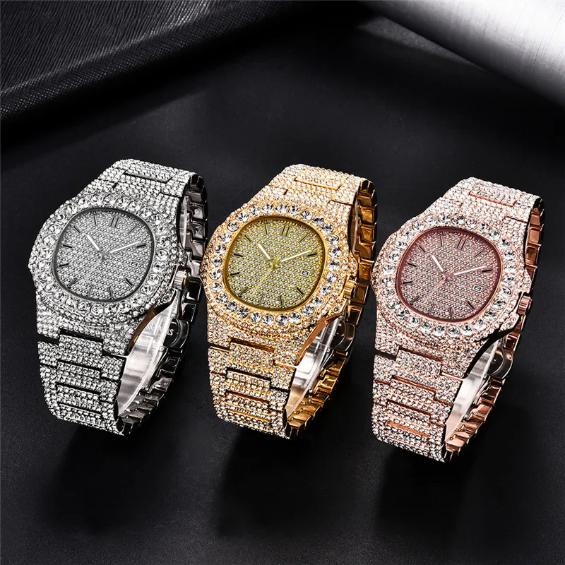 

2021 New Hip Hop Jewelry Iced Out Rhinestones Quartz Watches Stainless Steel Roman Watches 18K Gold Diamond Bezel Elite Watch