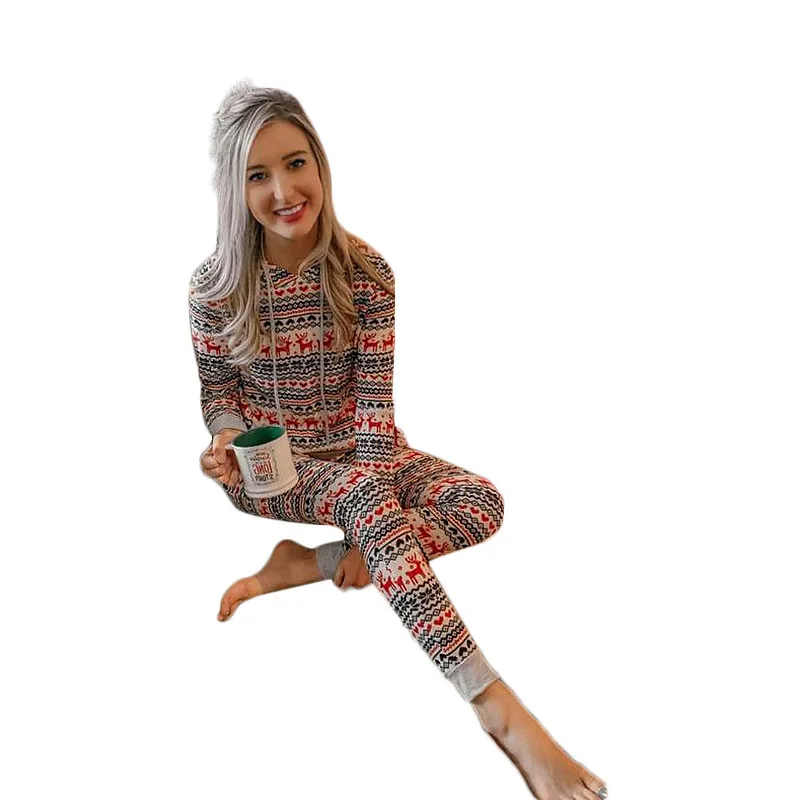 

2021 autumn and winter new women's reindeer printed long sleeve hooded casual Christmas suit