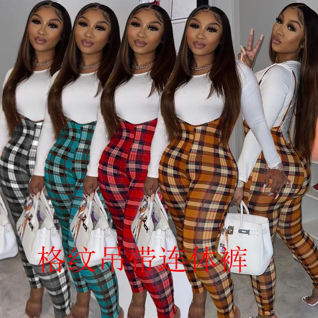 

plus size women clothing jumpsuits and rompers casual jumpsuits women 2021 Ladies Plaid Pattern Bodycon Jumpsuit