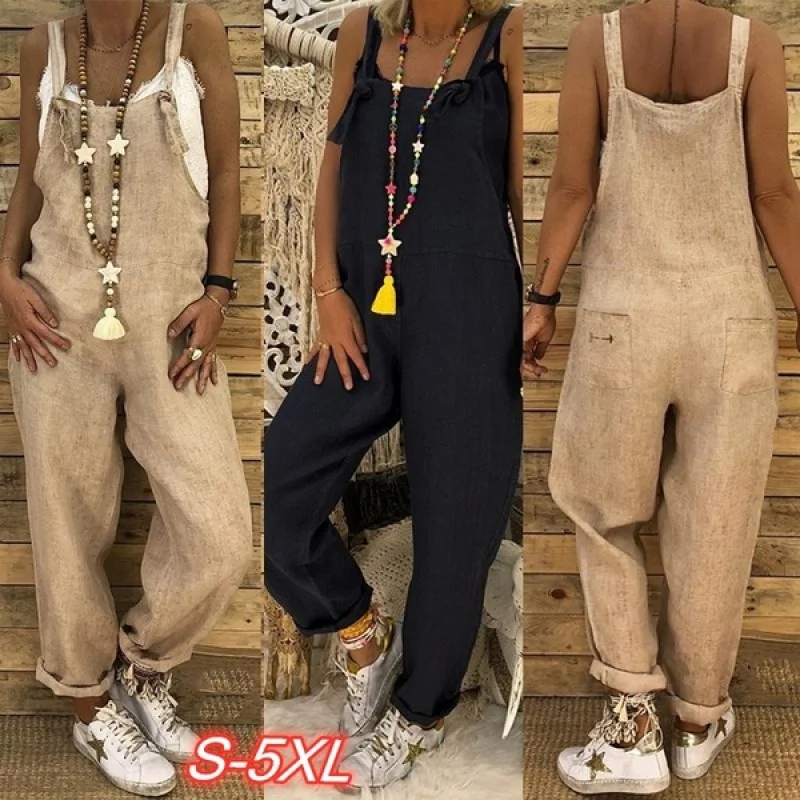 

Women Summer Casual Loose Solid Color Vintage Overalls Baggy Bib Strap Long Pants Wide Leg Jumpsuits Rompers  Plus Size, Picture