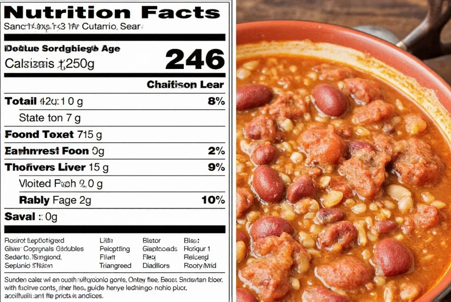 Nutrition facts label showing calorie breakdown of homemade beef chili with beans