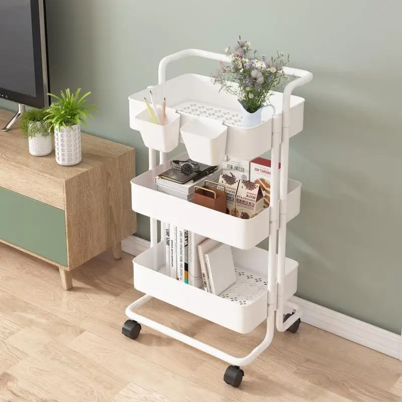 

Adjustable Kitchen Storage Shelf 3-tier Plastic Basket Trolley Cart, White,black,pink