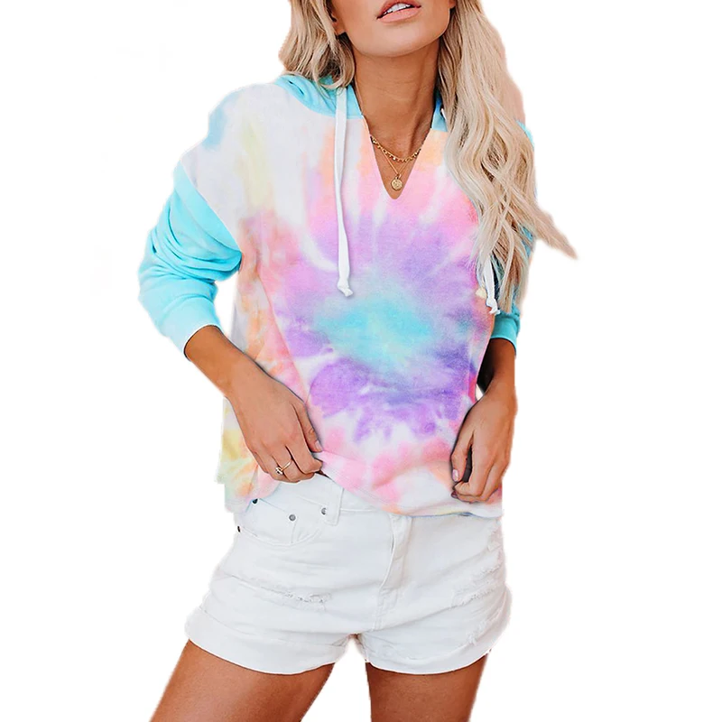 

designer high quality ladies sweatshirt wholesale polyester long sleeve oversized women tie dye pullover hooded sweatshirt, Candy color/candy-colored